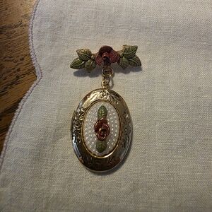 Vintage-Inspired Gold Tone Floral Locket Brooch - Pink and Green By 1928
